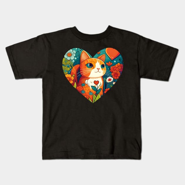 You're The Cat Orange Of My Heart - Cat Flower Kids T-Shirt by Rochelle Lee Elliott